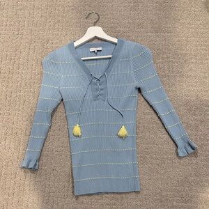 Sandro Blue Ribbed Knit Sweater with Yellow Accents